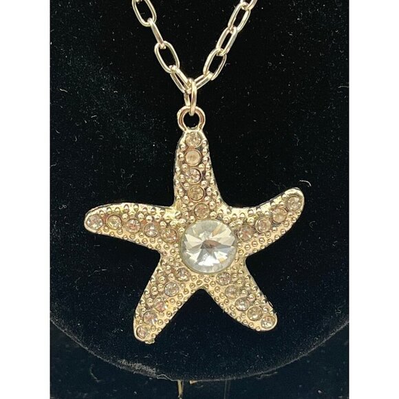 Silvertone Oversized Rhinestone Starfish Pendant On Chain Necklace‎ Mermaidcore - Picture 2 of 4